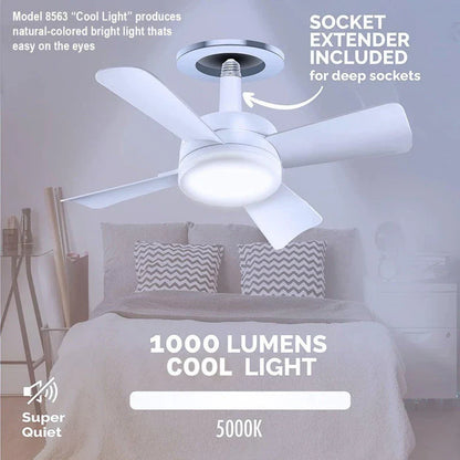 Adjustable ceiling fan light with wireless remote control, featuring a white housing and 4 plastic fan blades