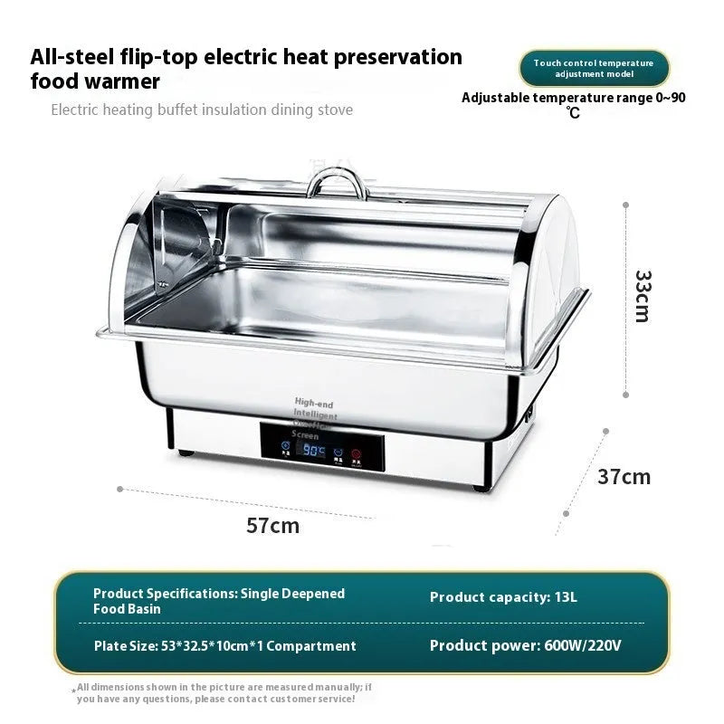 Stainless steel electric buffet stove with transparent visible interior and LCD temperature control screen