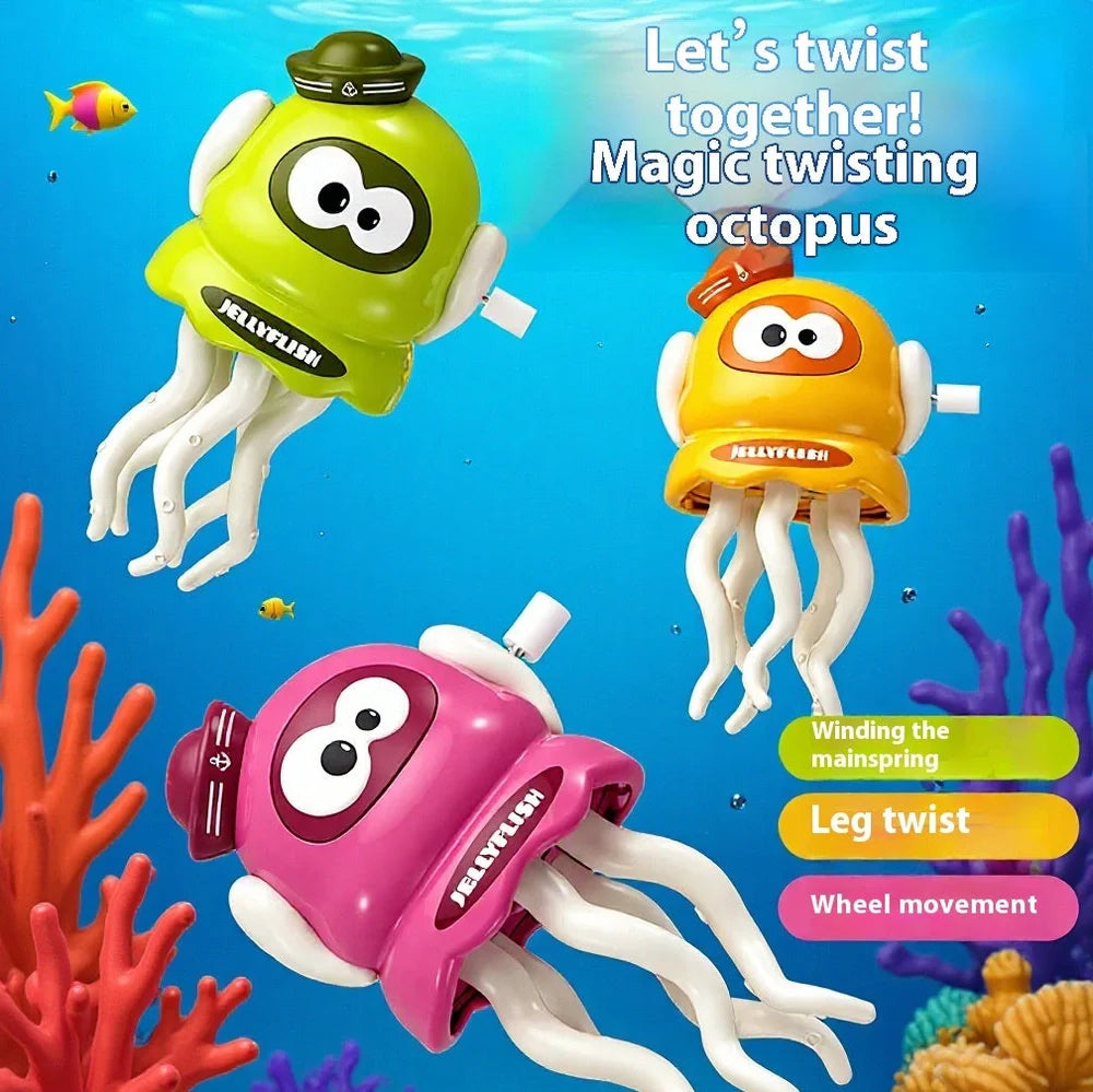 Green wind-up octopus toy dancing on surface with clockwork mechanism visible