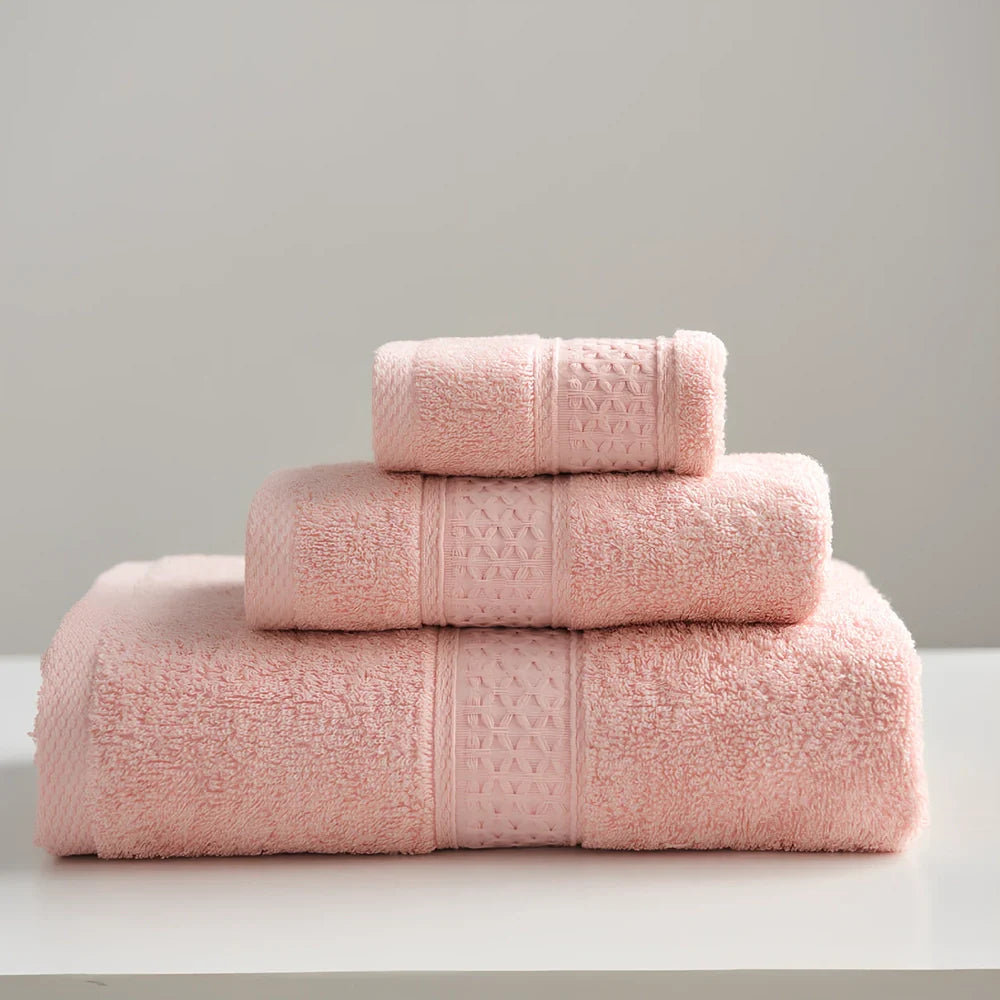 Three cotton towels: 33cm square, 32cm×73cm standard, 70cm×140cm bath towel in coordinated colours