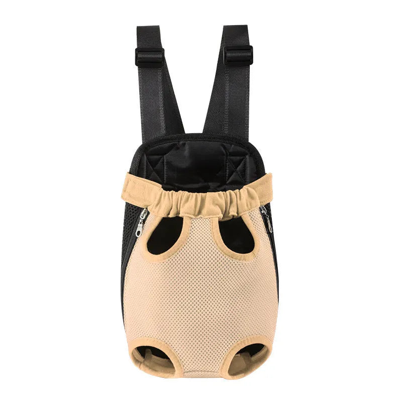 A small dog in a front-worn nylon carrier backpack with mesh panels, adjustable straps and side zips.