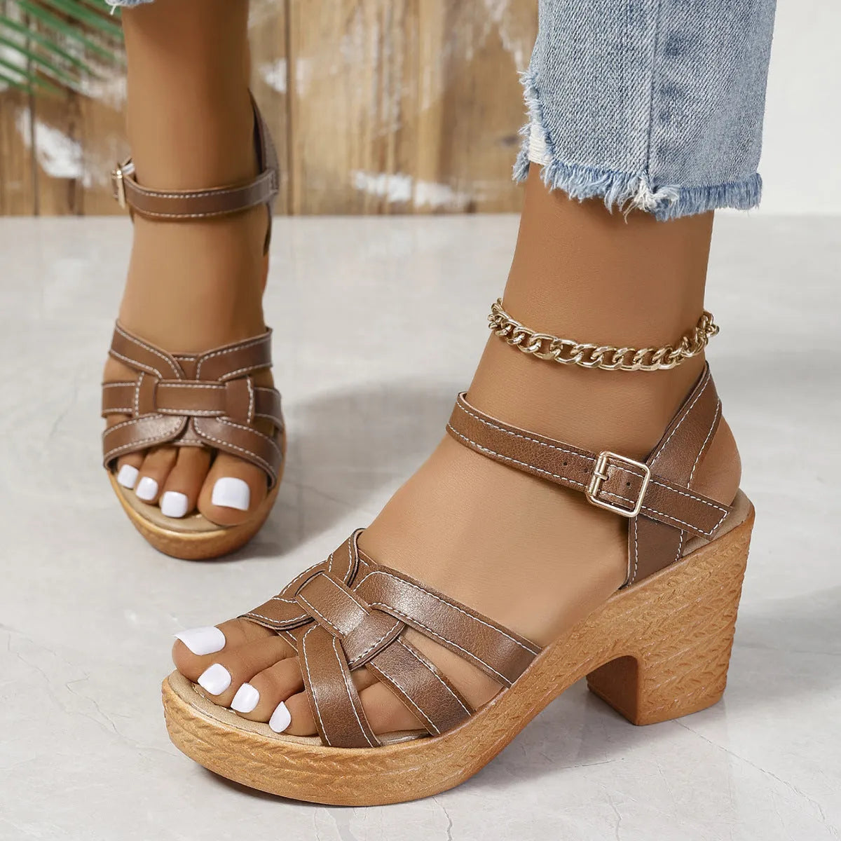 Plus size women's black peep toe sandals with chunky heel and buckle ankle strap