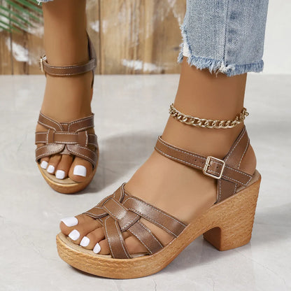 Plus size women's black peep toe sandals with chunky heel and buckle ankle strap