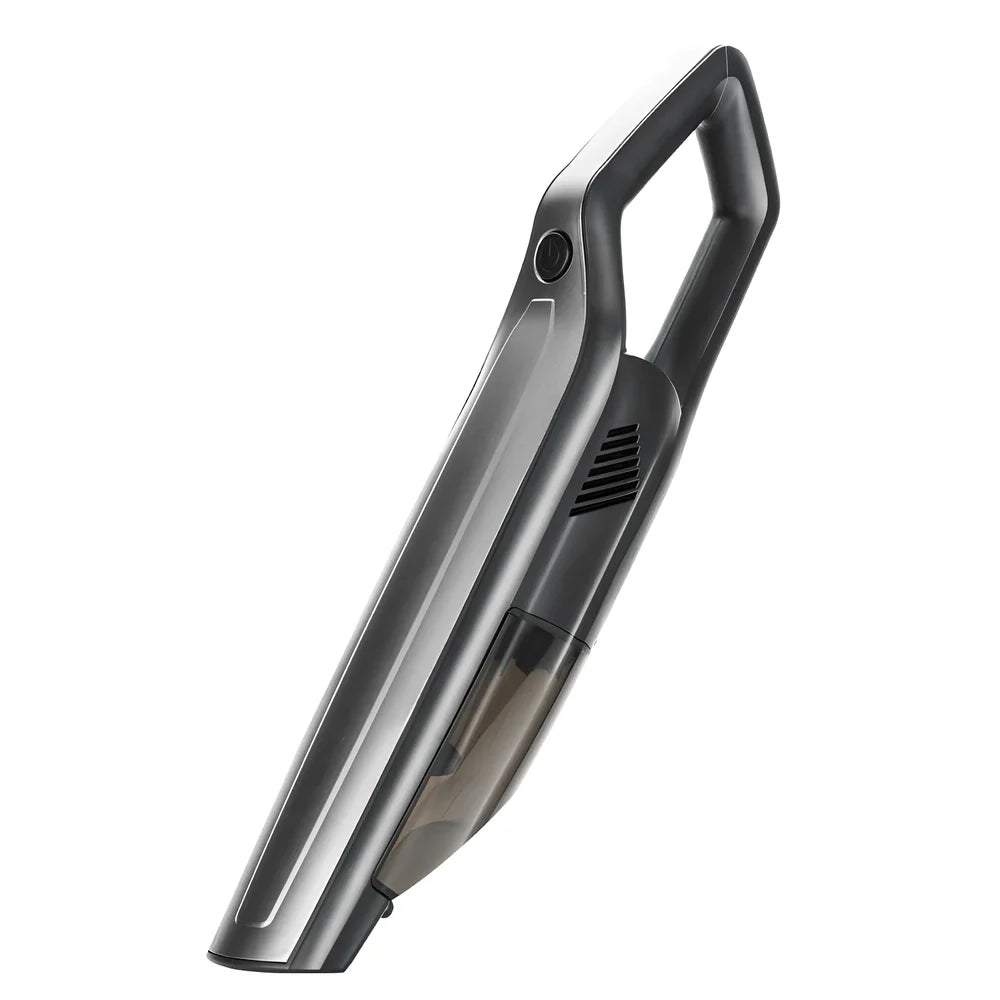 Handheld car vacuum cleaner with long nozzle and brush attachments for cleaning vehicle interiors