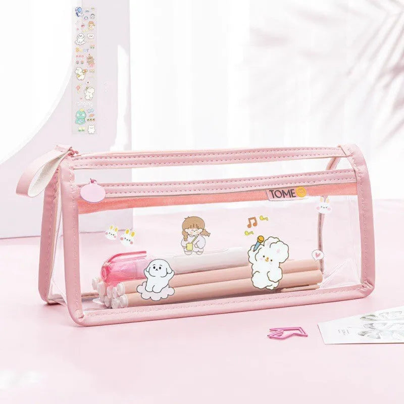 Transparent double-layer pencil case in blue showing organised stationery inside compartments