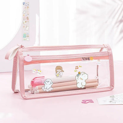 Transparent double-layer pencil case in blue showing organised stationery inside compartments