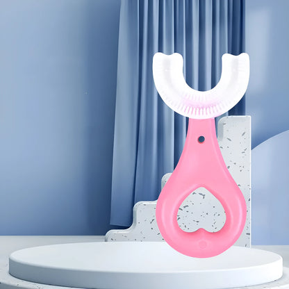 Children's U-shaped soft rubber toothbrush in pink and blue colours.