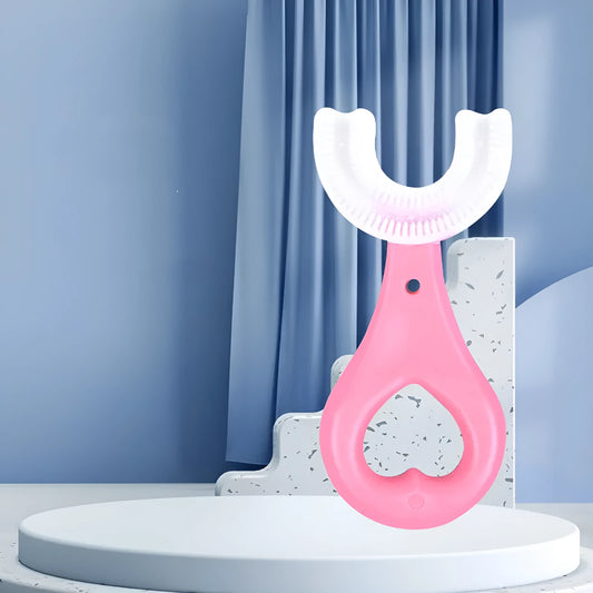 Children's U-shaped soft rubber toothbrush in pink and blue colours.