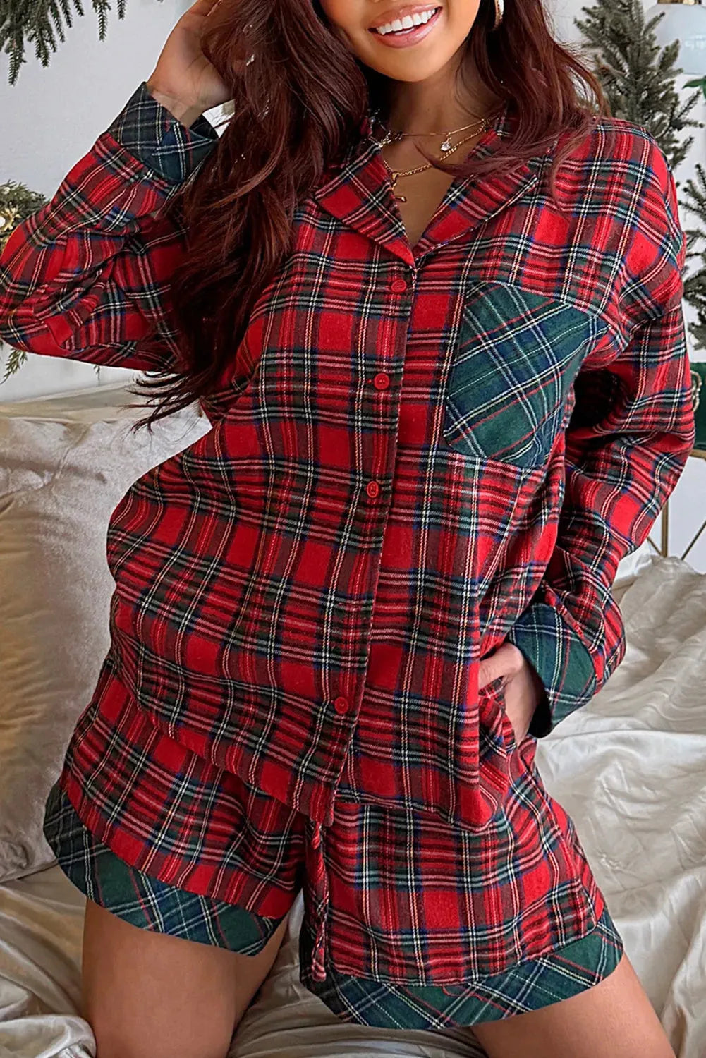 Red plaid Christmas pyjama set with contrast patches on shirt and shorts