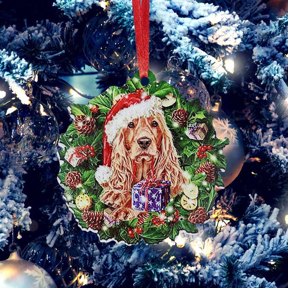 Hand-painted wooden Christmas ornament with geometric design and picture color