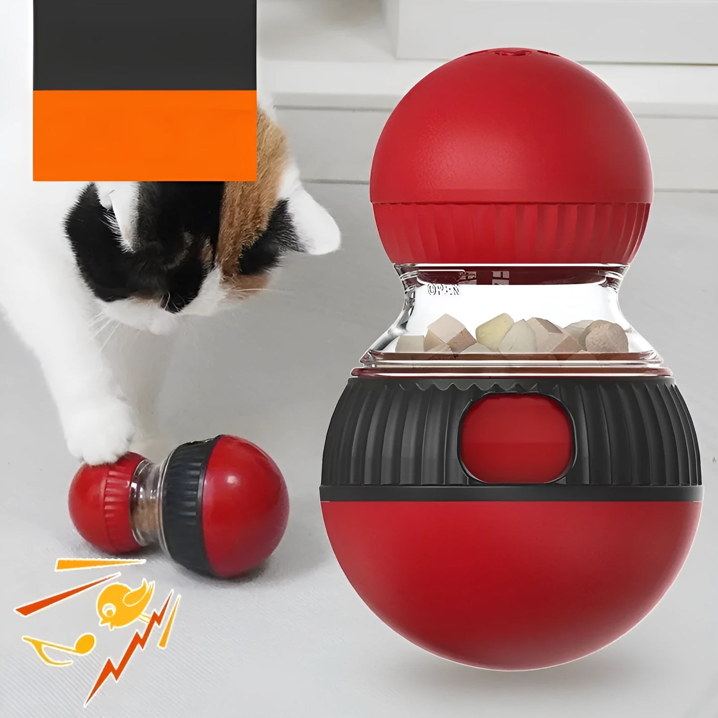 Colourful rotating plastic cat toy ball with treat dispenser and sound, shown next to a cat.