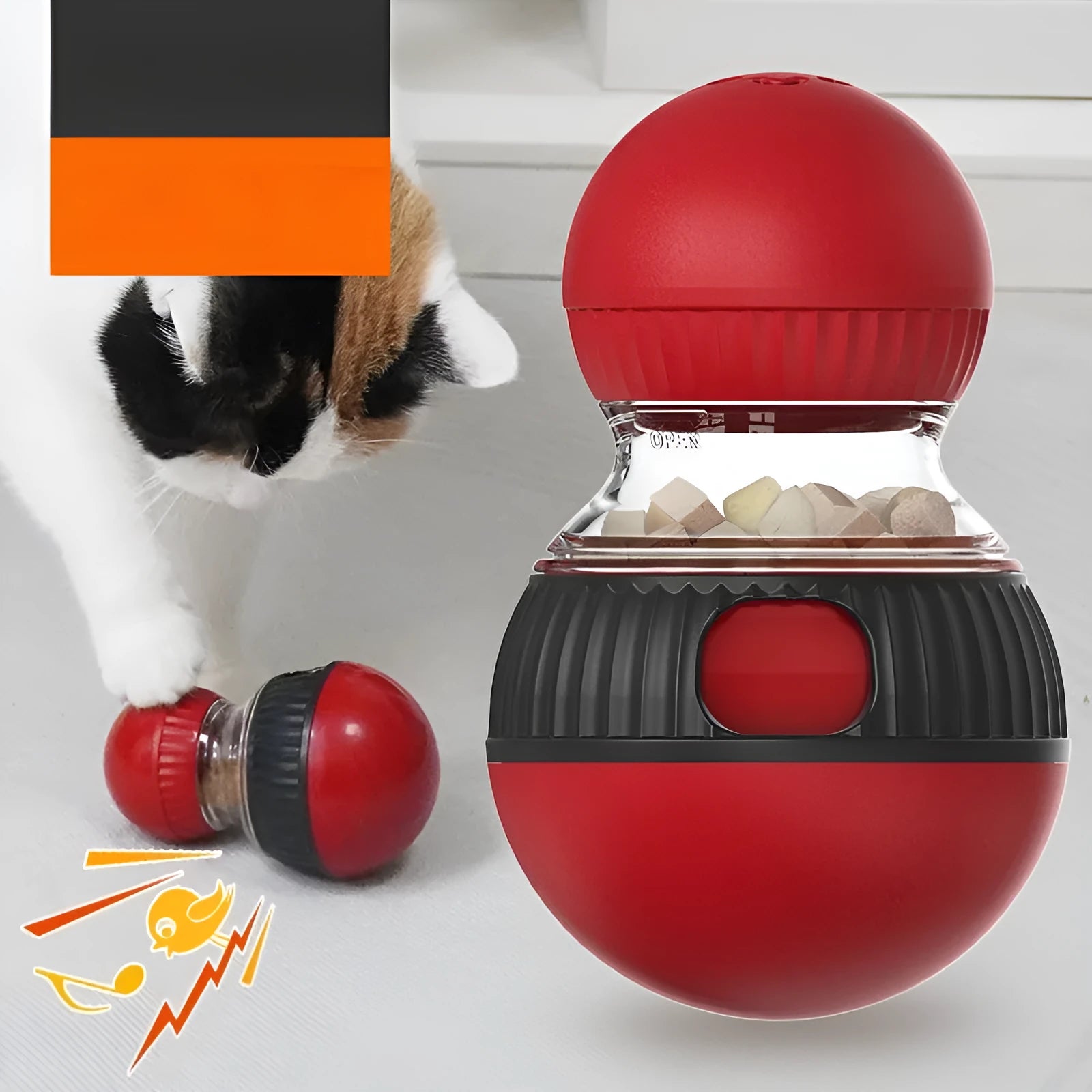 Colourful rotating plastic cat toy ball with treat dispenser and sound, shown next to a cat.