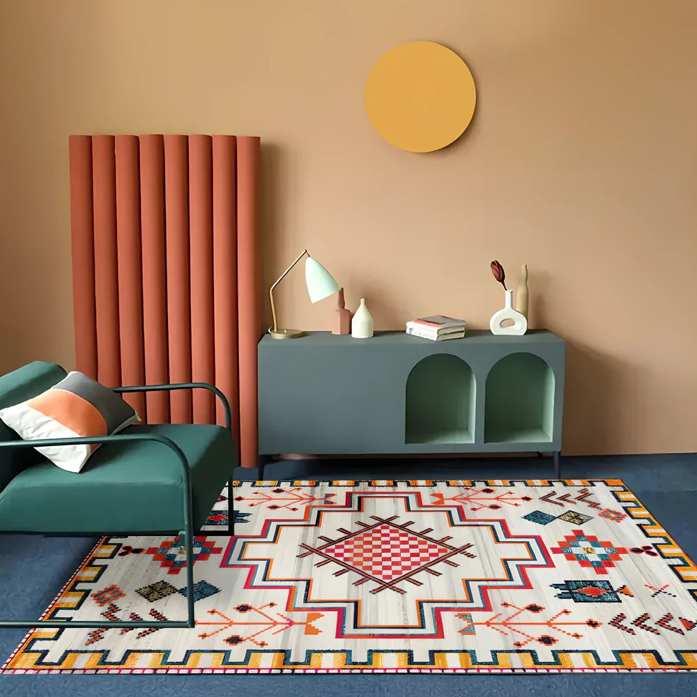 Rectangular boho-style polyester rug in various colours and sizes, machine-woven for consistent texture