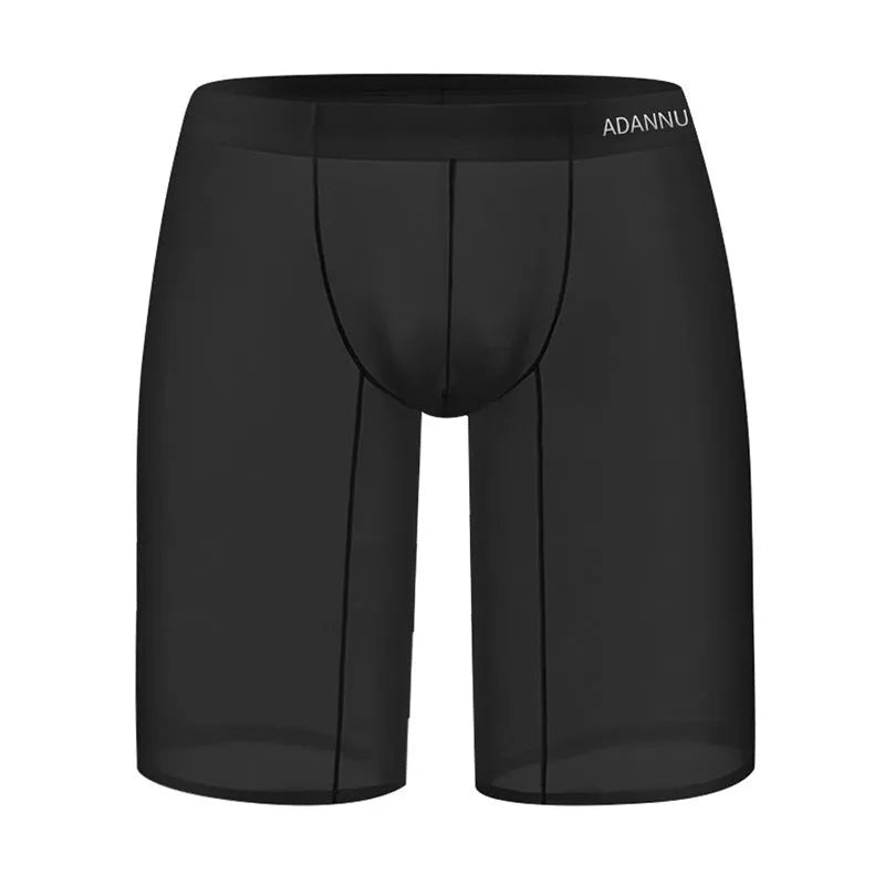 Fashion Personality men's black seamless mesh lounge shorts on a hanger, showing hip-lift design and knitted texture.