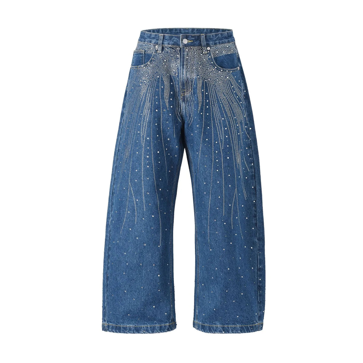 A pair of loose-fitting wide-leg casual trousers in blue on a mannequin.