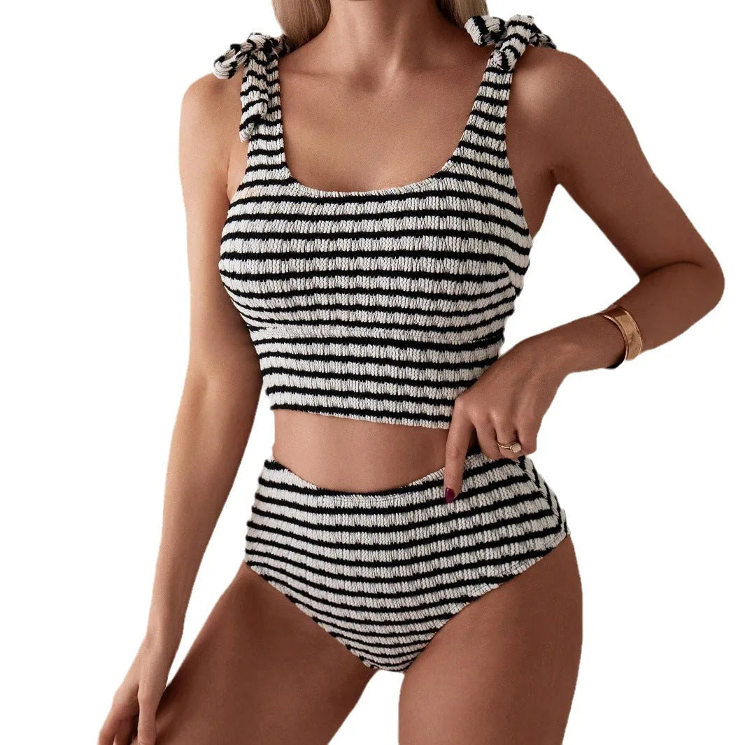 Gray striped women's two-piece swimsuit with sleeveless tube top and briefs, sizes S to XL