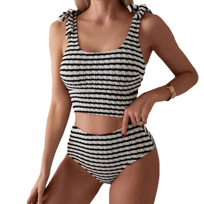 Gray striped women's two-piece swimsuit with sleeveless tube top and briefs, sizes S to XL