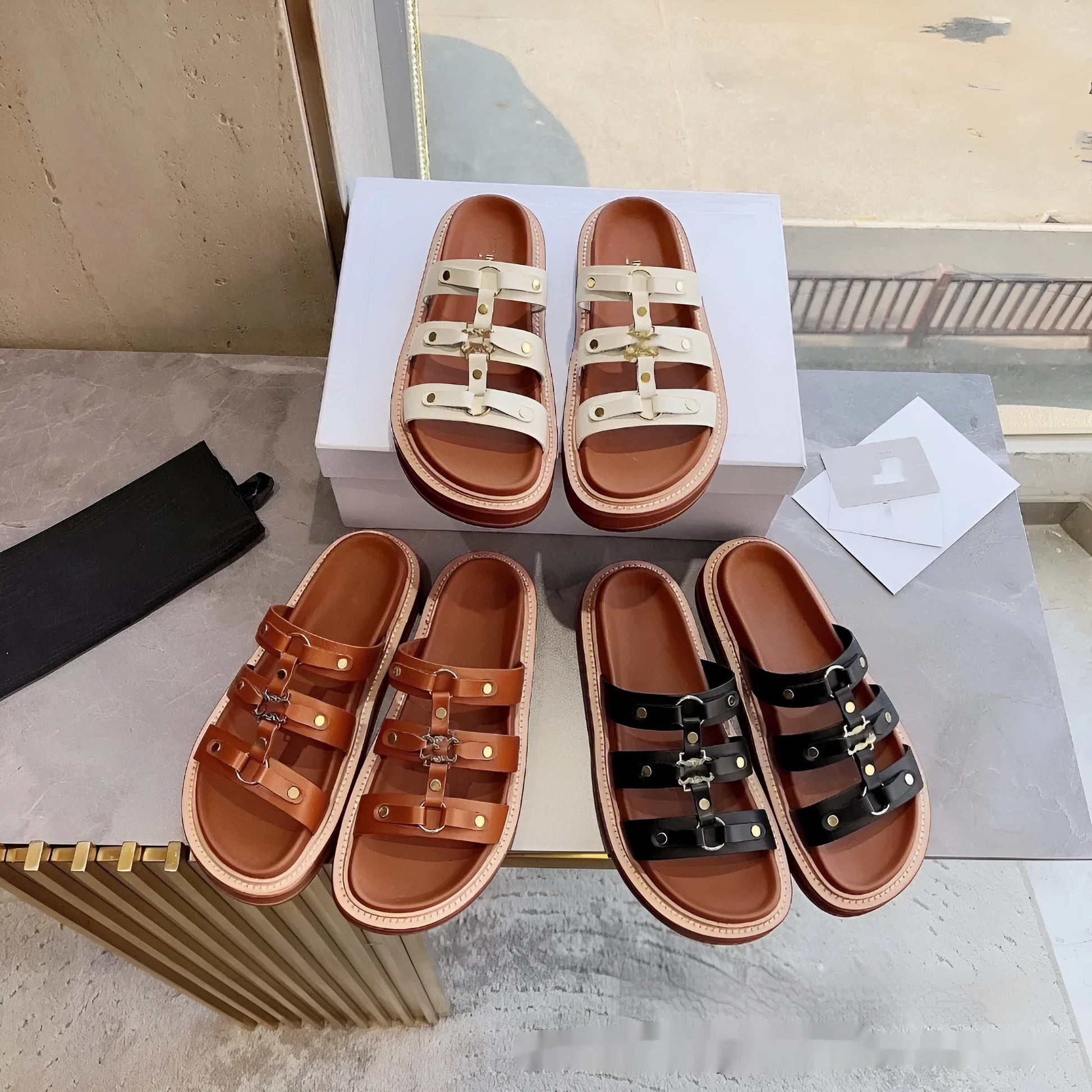 Women's white retro Roman sandal slippers with a sheepskin upper and patent leather finish.