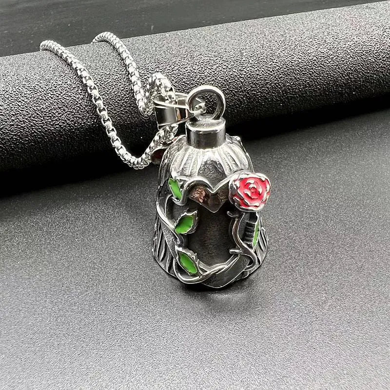 Polished titanium steel motorcycle lucky bell with a red epoxy rose design visible on both sides.