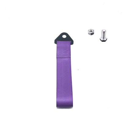 Red automotive trailer rope with bumper ribbon for vehicle towing