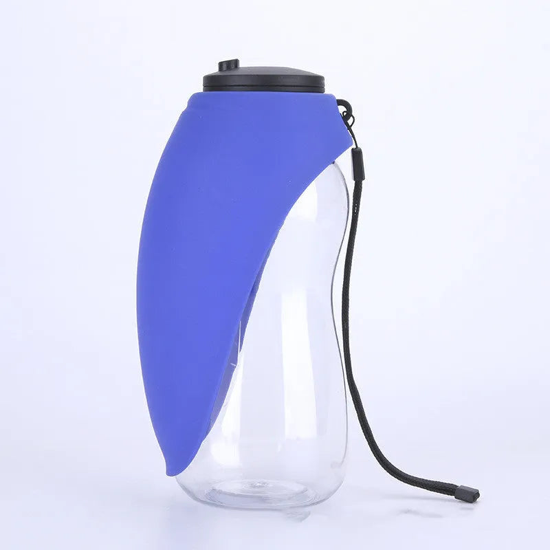 Portable pet water bottle with drinking bowl in blue, showing 680ml capacity and key lock mechanism