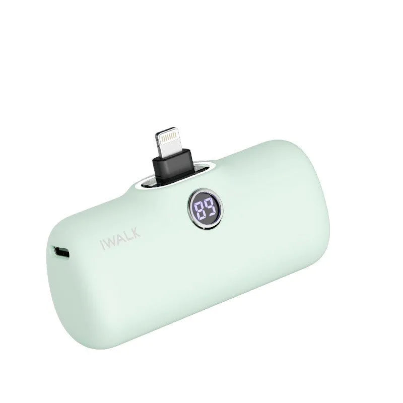 Compact lipstick-style power bank showing screen display with battery percentage, measuring 78mm x 51mm x 25mm