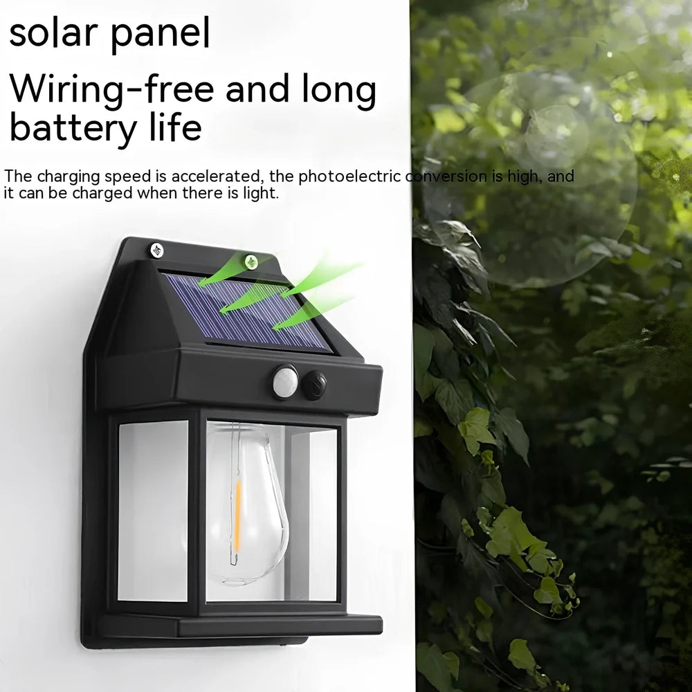 Black solar garden wall lamp with waterproof IP65 rating and automatic light sensor for outdoor installation