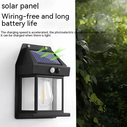 Black solar garden wall lamp with waterproof IP65 rating and automatic light sensor for outdoor installation