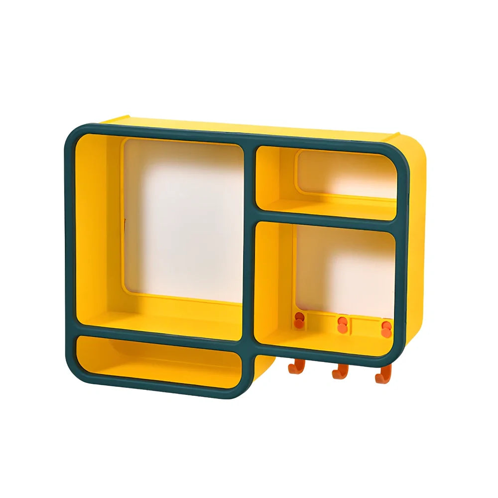 White wall-mounted cosmetics storage shelf measuring 36.2x27.2cm with dust-proof design