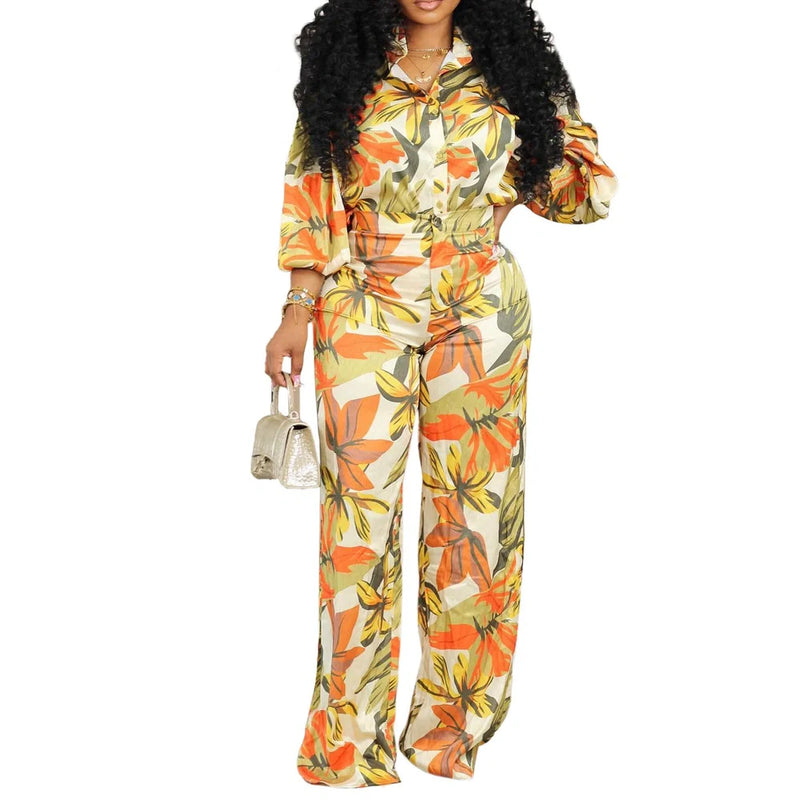 Printed long sleeve shirt and wide leg trousers suit in red with polyester fabric, available in sizes S to XXXL for versatile formal and casual wear with coordinated styling