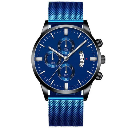 Men's stainless steel mesh band quartz watch showing two-tone colour options on a 4.2cm case.