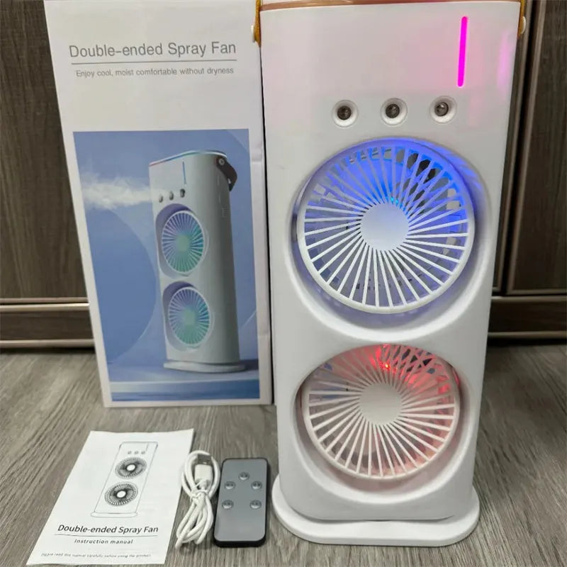 White portable humidifier fan with double heads and remote control on a table