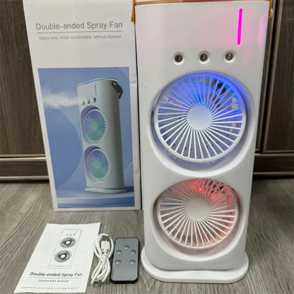 White portable humidifier fan with double heads and remote control on a table
