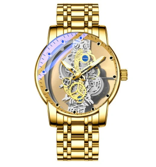 Men's skeleton automatic quartz watch with gold finish and mineral glass face