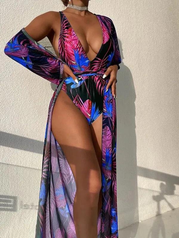 Women's three-piece swimsuit set showing bikini one-piece design with matching cover-up coat