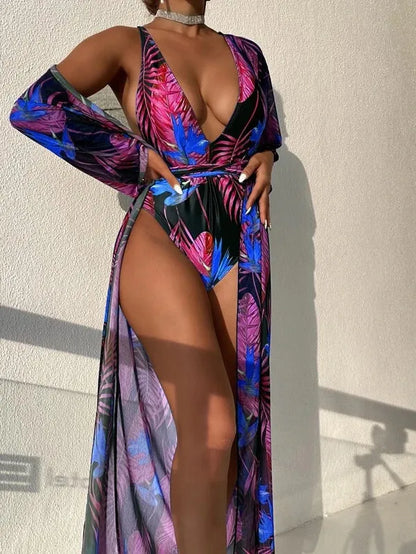 Women's three-piece swimsuit set showing bikini one-piece design with matching cover-up coat