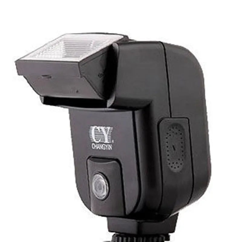 Compact black SLR camera flash unit with head tilted upwards, showing hot shoe mount.
