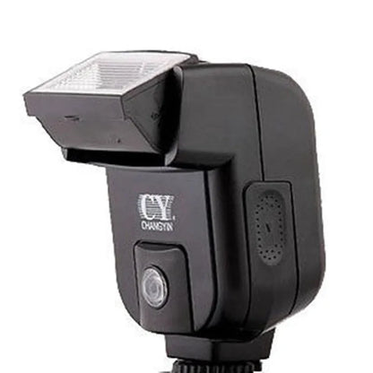 Compact black SLR camera flash unit with head tilted upwards, showing hot shoe mount.