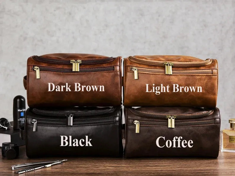 Men's leather-look PU toiletry bag shown in black, brown, dark brown, and light brown colour options.