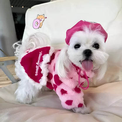 Polyester plush coat for small dogs in British style with fleece lining, shown in pink colour