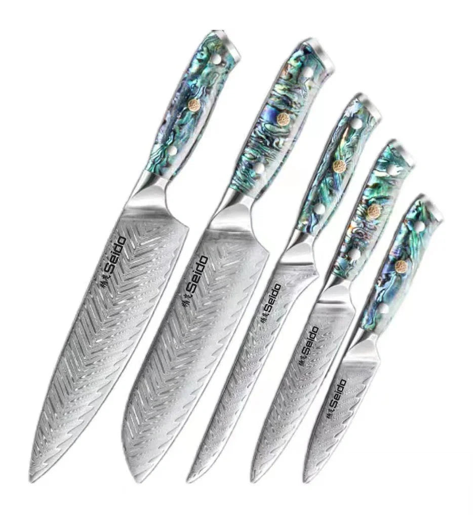 Premium Japanese-Style Santoku Knife Set - 5-Piece Stainless Steel Kitchen Knives for Slicing, Dicing, and Mincing