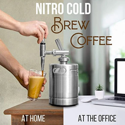 Stainless steel nitrogen coffee barrel with manual infusion system and natural finish