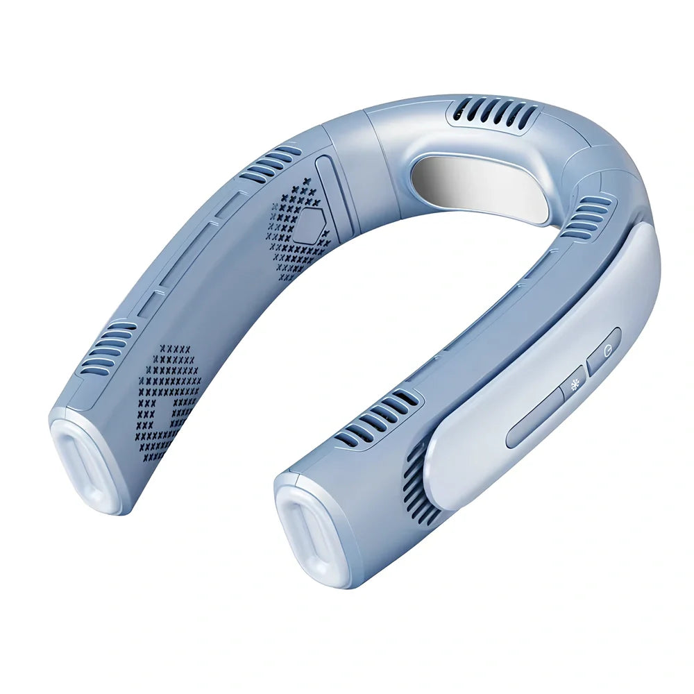 Semiconductor refrigeration hanging neck fan with five cooling units in Glacier White colour option