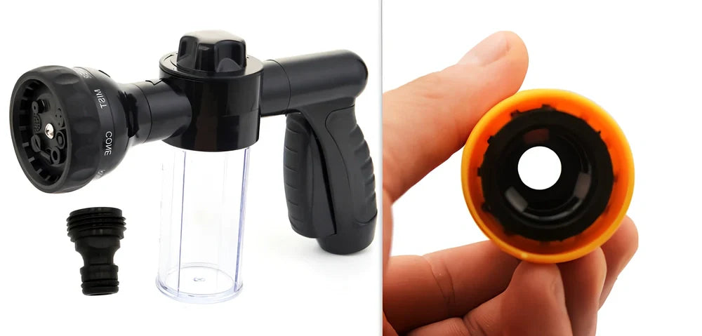 Green plastic household foam high pressure car wash water gun, 22x19x6cm size with adjustable nozzle for foam spraying