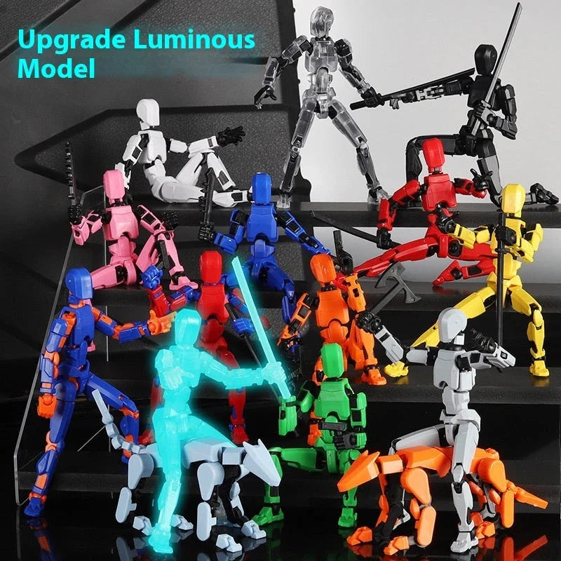 Highly posable 3D printed robot mannequin toy with interchangeable accessories, including wings and weapons