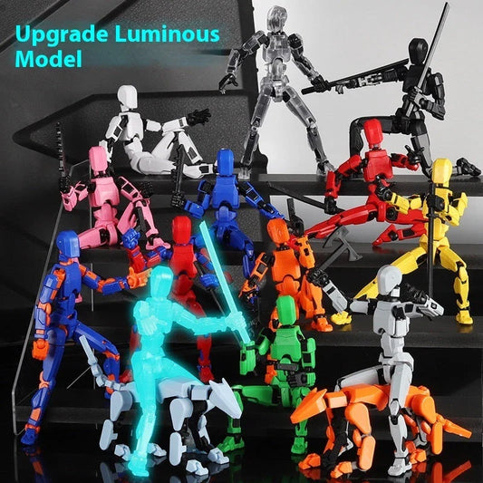 Highly posable 3D printed robot mannequin toy with interchangeable accessories, including wings and weapons