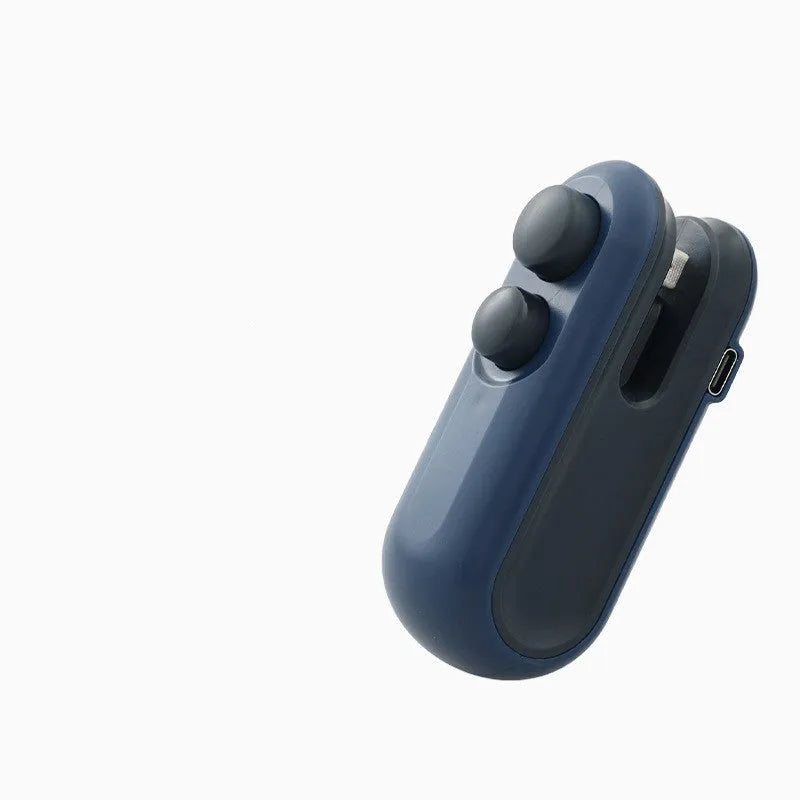 Blue and white handheld USB rechargeable heat sealer with cutter for sealing chip bags