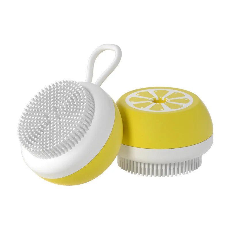 Yellow silicone pet bath brush with 3D massage head for dog and cat grooming measuring 102x70x46mm