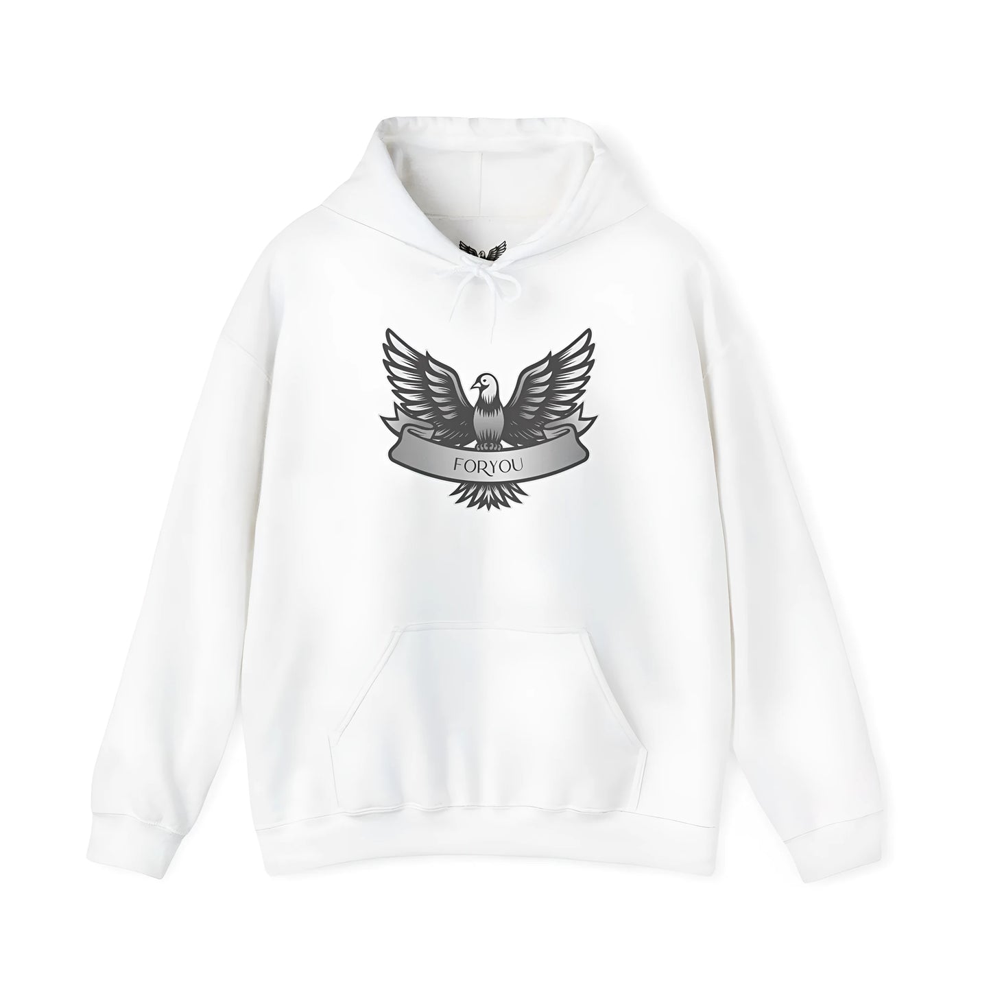 Men's and women's solid colour cotton blend hoodie with hood and long sleeves, shown in white.