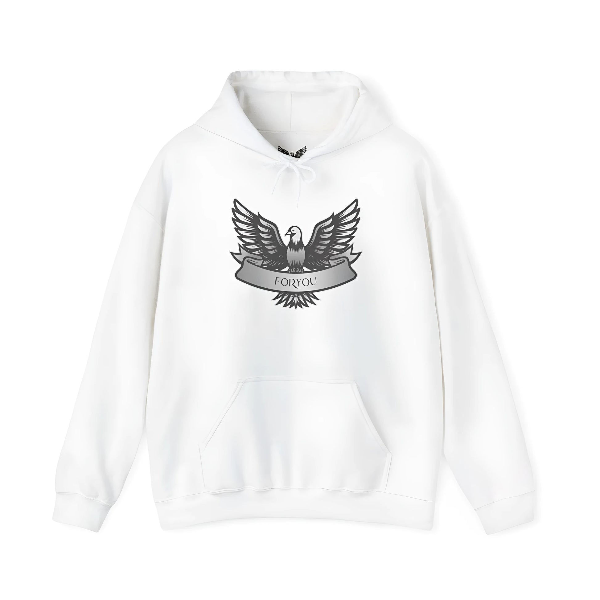 Men's and women's solid colour cotton blend hoodie with hood and long sleeves, shown in white.